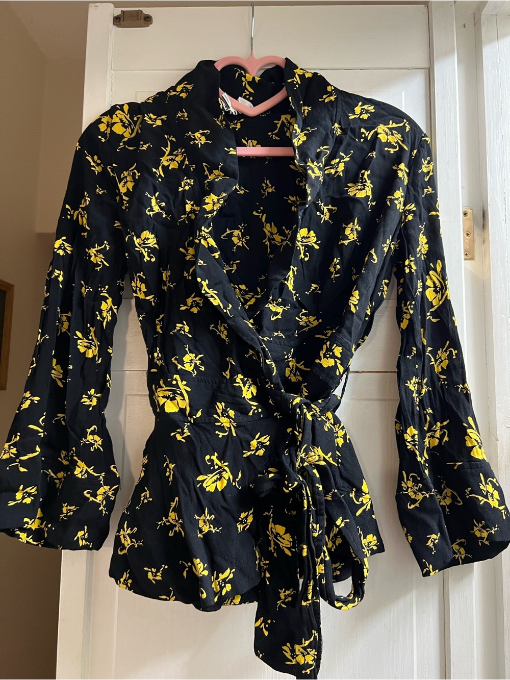 Ganni Black Wrap Blouse with Yellow Floral Print